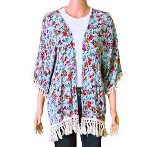 Kori America Boho Floral Kimono S/M Blue Pink White Fringe Open Front Overlay